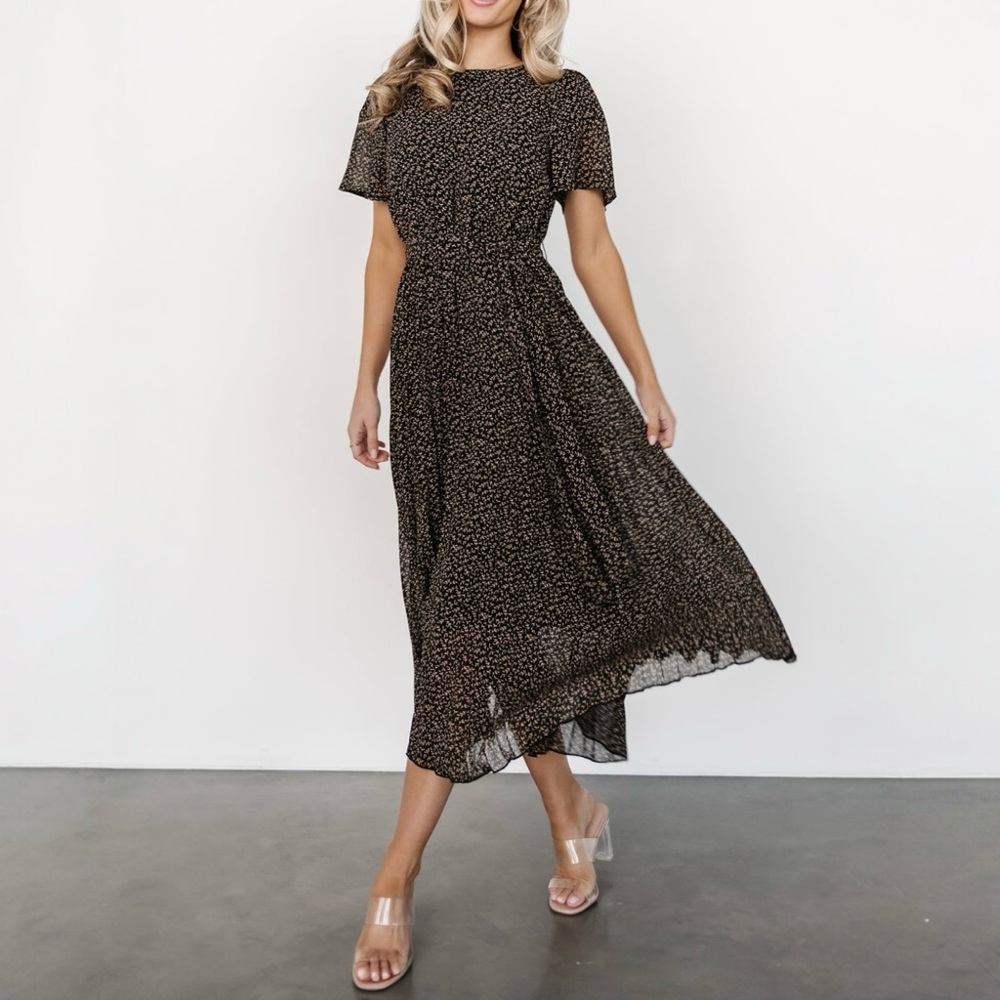 Baltic Born Black Midi Dress with Subtle Cream Print